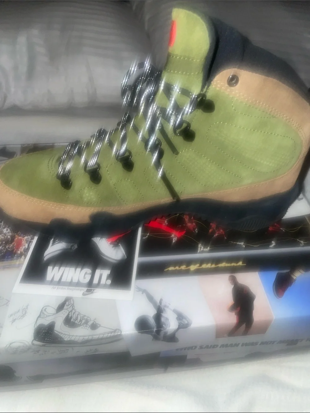 Jordan Olive Green and Tan High-Top Sneakers with Red Accent